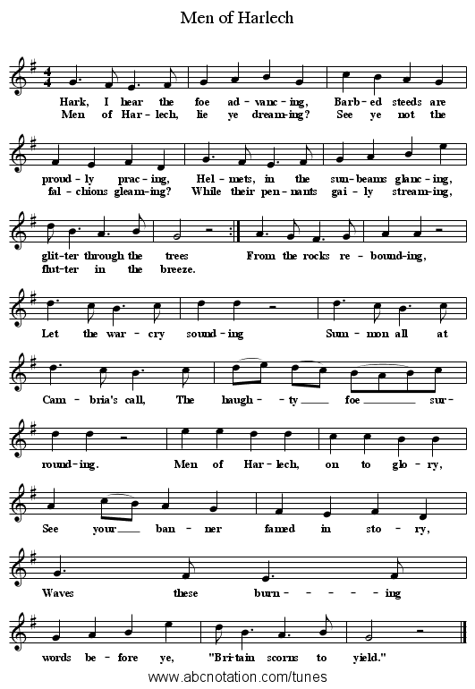 Men of Harlech - staff notation