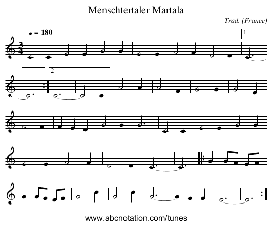 Menschtertaler Martala - staff notation