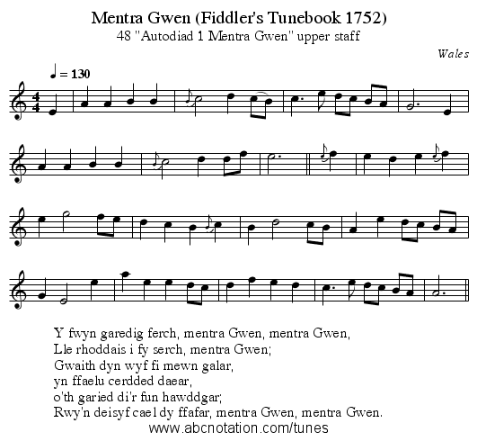 Mentra Gwen (Fiddler's Tunebook 1752) - staff notation