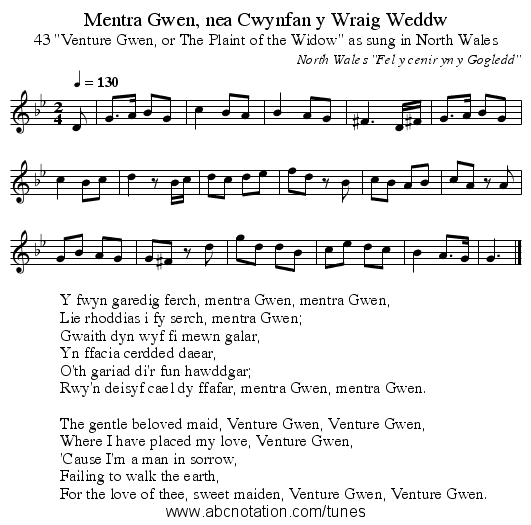 Mentra Gwen, nea Cwynfan y Wraig Weddw - staff notation