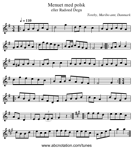 Menuet med polsk - staff notation