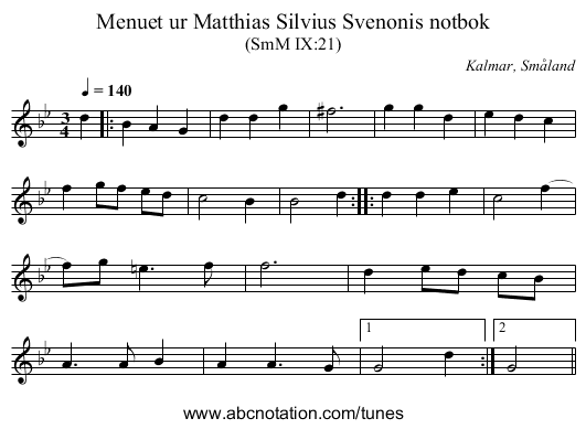 Menuet ur Matthias Silvius Svenonis notbok - staff notation