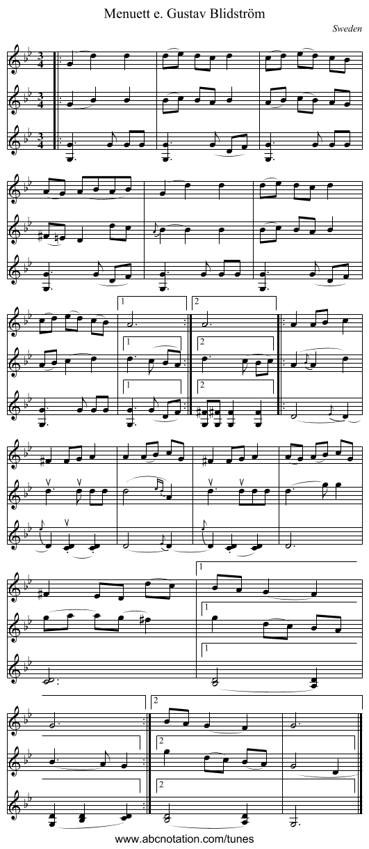 Menuett e. Gustav Blidstr&ouml;m - staff notation