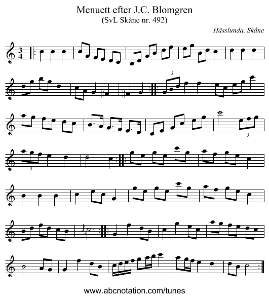 Menuett efter J.C. Blomgren - staff notation