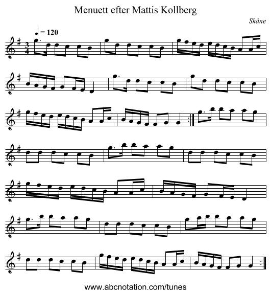 Menuett efter Mattis Kollberg - staff notation