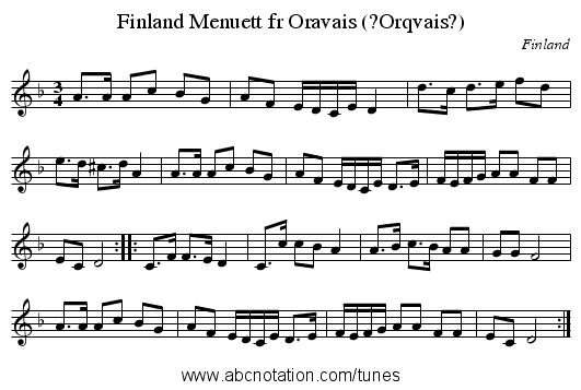 Menuett fr Oravais (?Orqvais?), Finland - staff notation