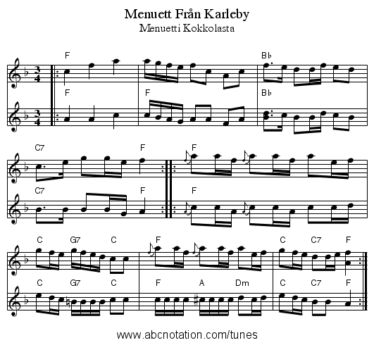 Menuett Fr&aring;n Karleby - staff notation