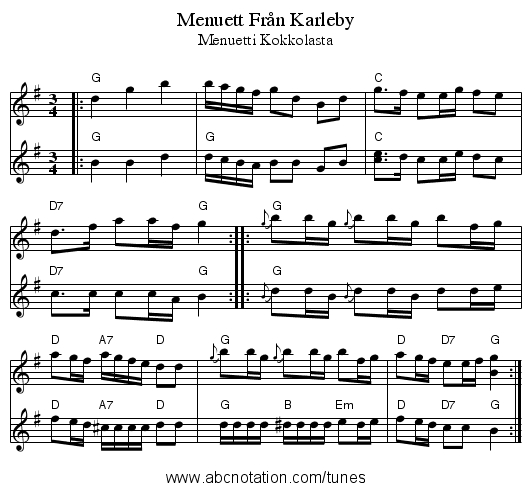 Menuett Fr&aring;n Karleby - staff notation