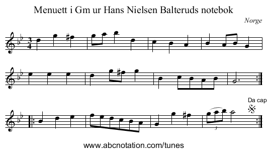 Menuett i Gm ur Hans Nielsen Balteruds notebok - staff notation