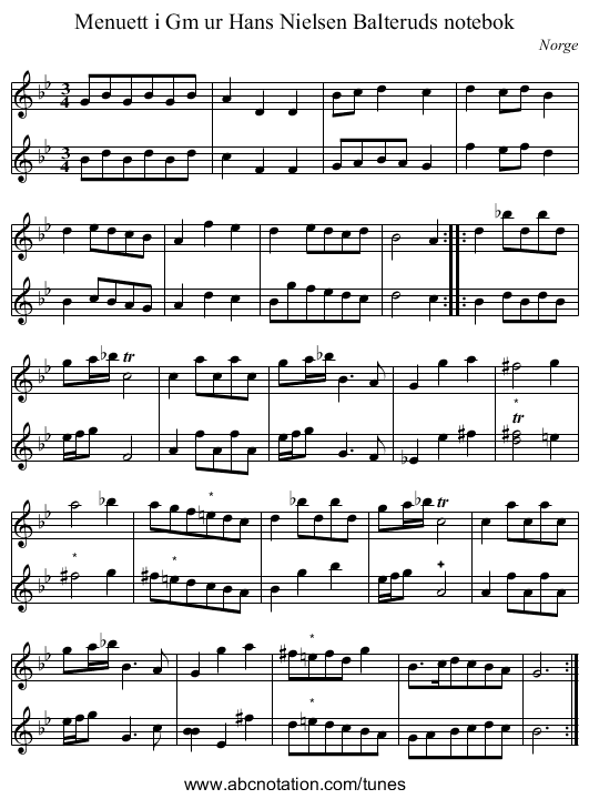 Menuett i Gm ur Hans Nielsen Balteruds notebok - staff notation