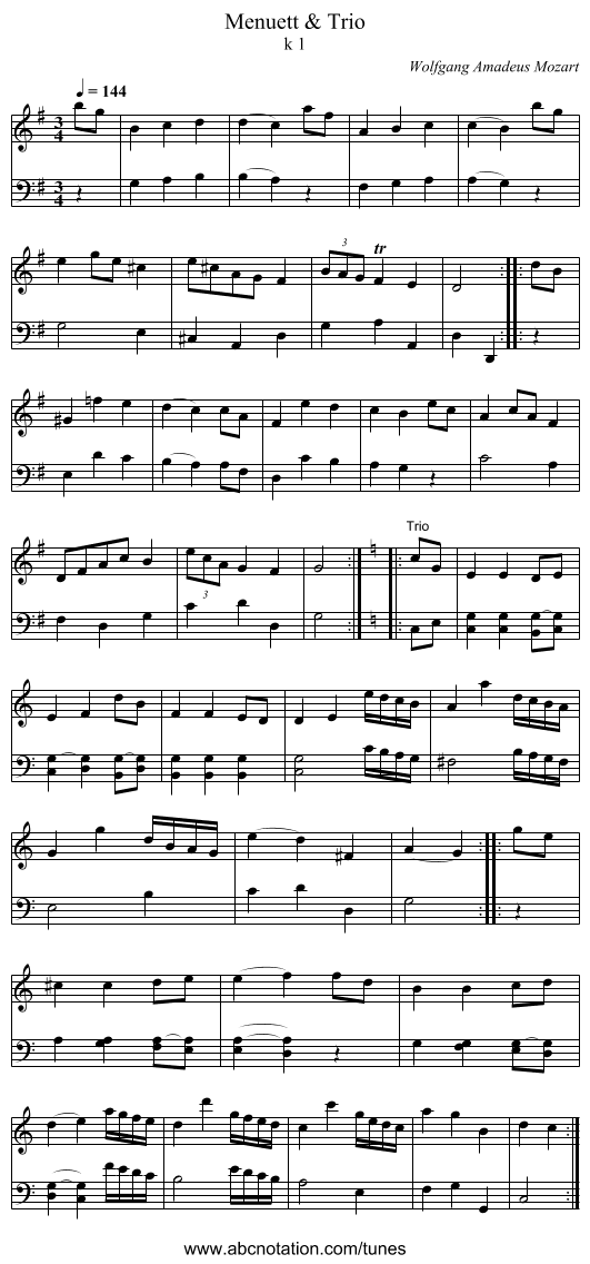 Menuett & Trio - staff notation