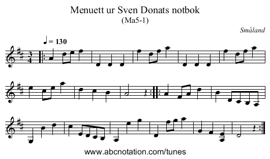 Menuett ur Sven Donats notbok - staff notation