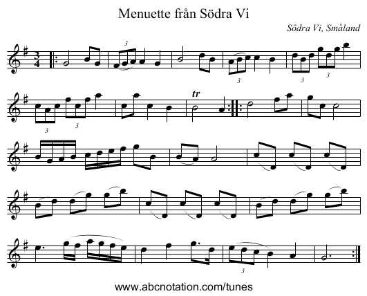 Menuette från Södra Vi - staff notation