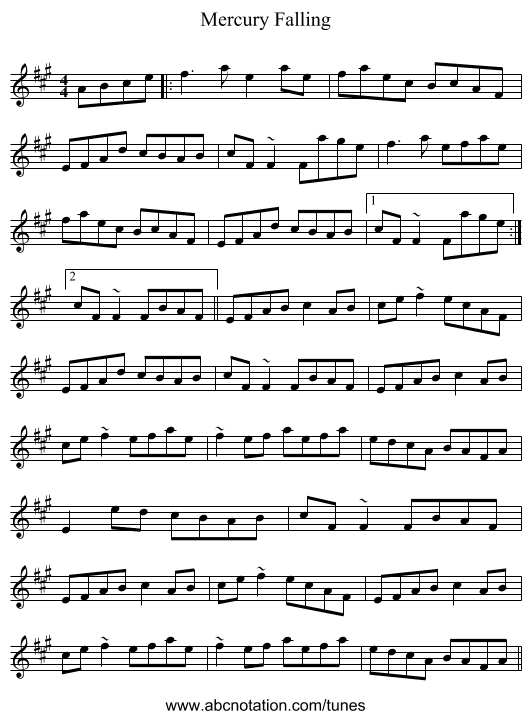 Mercury Falling - staff notation