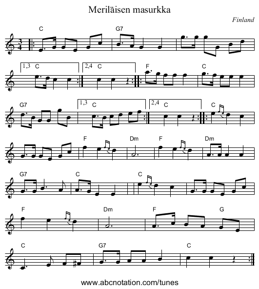 Meril&auml;isen masurkka - staff notation