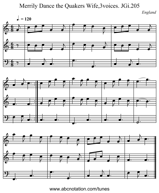 Merrily Dance the Quakers Wife,3voices. JGi.205 - staff notation