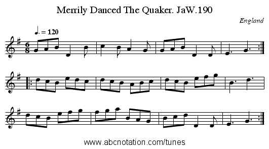 Merrily Danced The Quaker. JaW.190 - staff notation