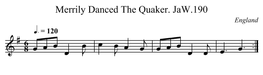 Merrily Danced The Quaker. JaW.190 - staff notation