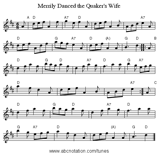 Merrily Danced the Quaker's Wife - staff notation