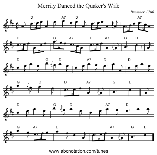 Merrily Danced the Quaker's Wife - staff notation