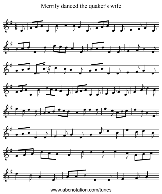 Merrily danced the quaker's wife - staff notation