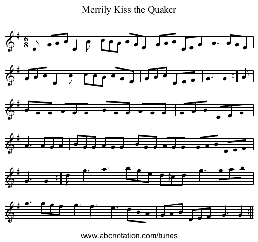 Merrily Kiss the Quaker - staff notation