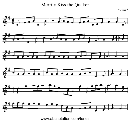 Merrily Kiss the Quaker - staff notation