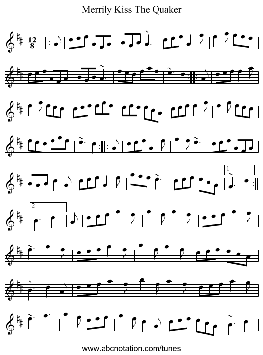 Merrily Kiss The Quaker - staff notation