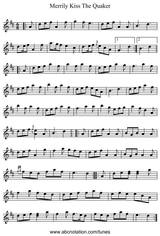 Merrily Kiss The Quaker - staff notation