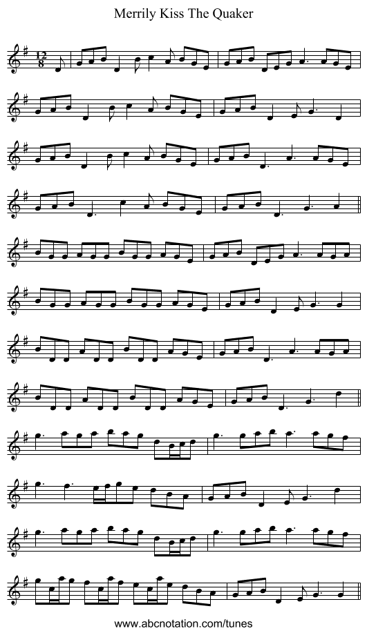 Merrily Kiss The Quaker - staff notation