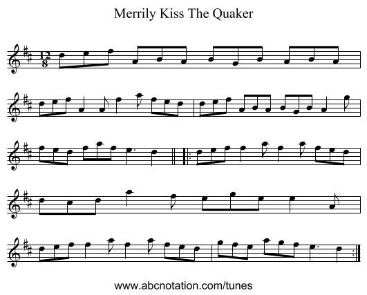 Merrily Kiss The Quaker - staff notation
