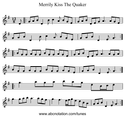 Merrily Kiss The Quaker - staff notation