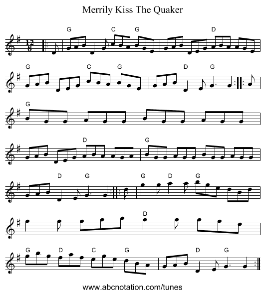Merrily Kiss The Quaker - staff notation