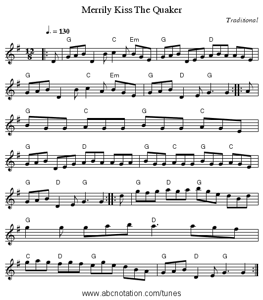 Merrily Kiss The Quaker - staff notation