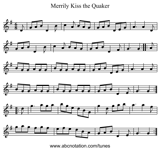 Merrily Kiss the Quaker - staff notation