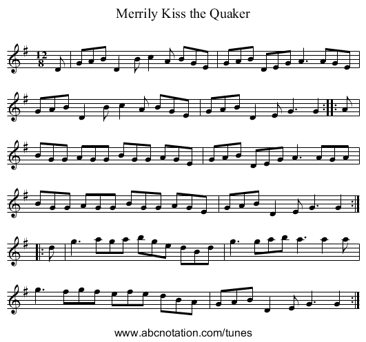 Merrily Kiss the Quaker - staff notation