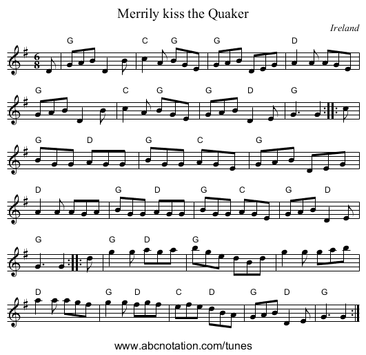 Merrily kiss the Quaker - staff notation