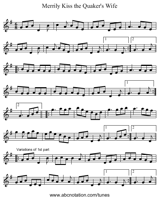Merrily Kiss the Quaker's Wife - staff notation
