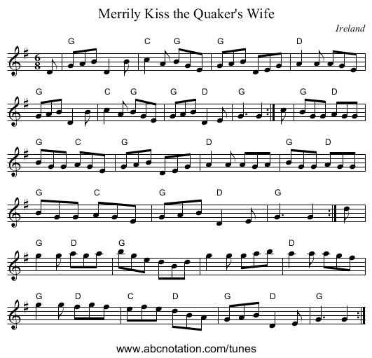 Merrily Kiss the Quaker's Wife - staff notation