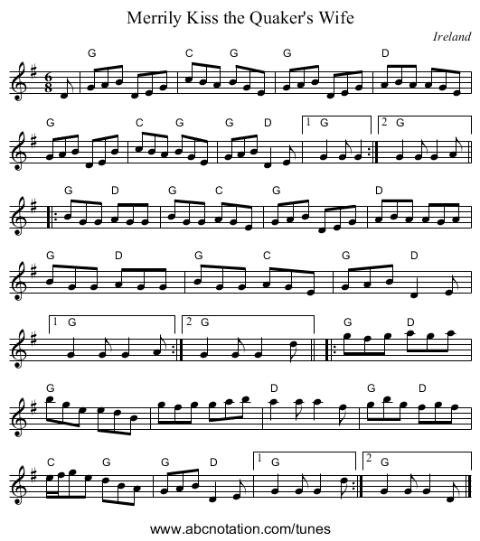 Merrily Kiss the Quaker's Wife - staff notation