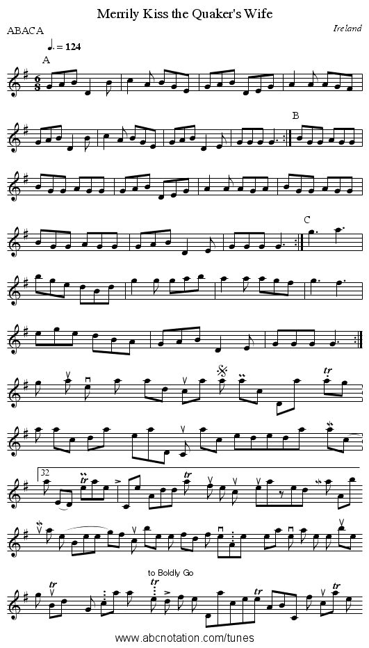 Merrily Kiss the Quaker's Wife - staff notation