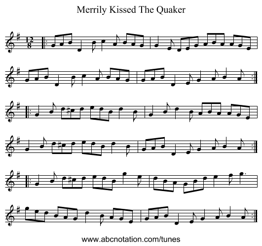 Merrily Kissed The Quaker - staff notation