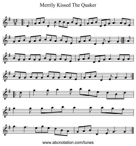 Merrily Kissed The Quaker - staff notation