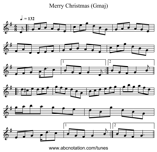 Merry Christmas (Gmaj) - staff notation