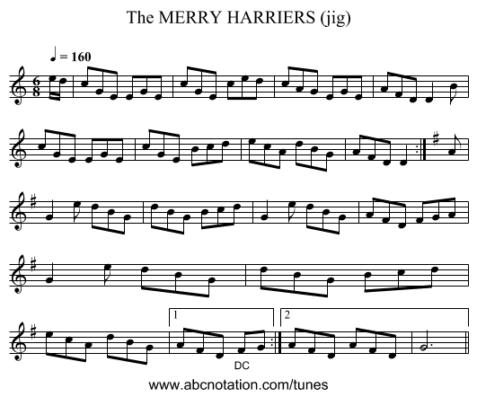 MERRY HARRIERS (jig), The - staff notation
