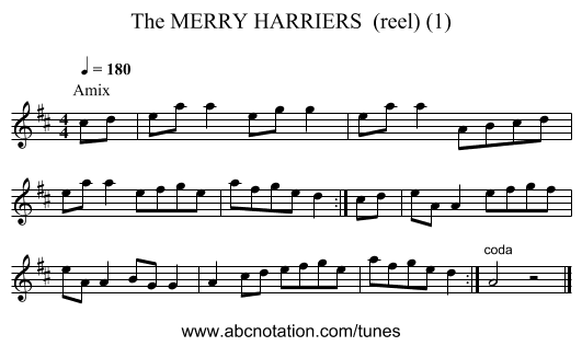 MERRY HARRIERS  (reel) (1), The - staff notation