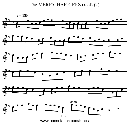 MERRY HARRIERS (reel) (2), The - staff notation