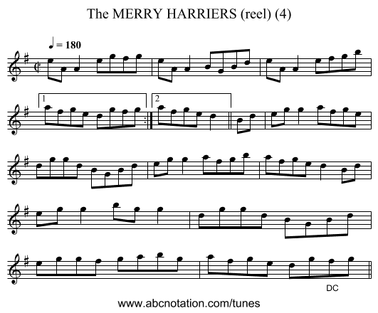 MERRY HARRIERS (reel) (4), The - staff notation
