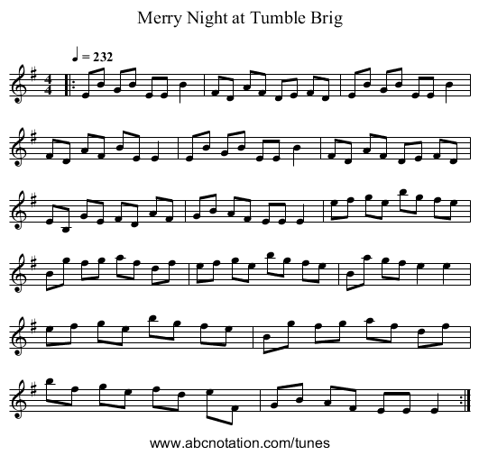 Merry Night at Tumble Brig - staff notation