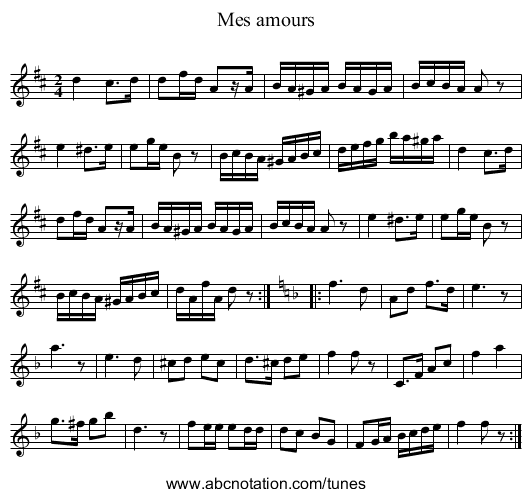 Mes amours - staff notation